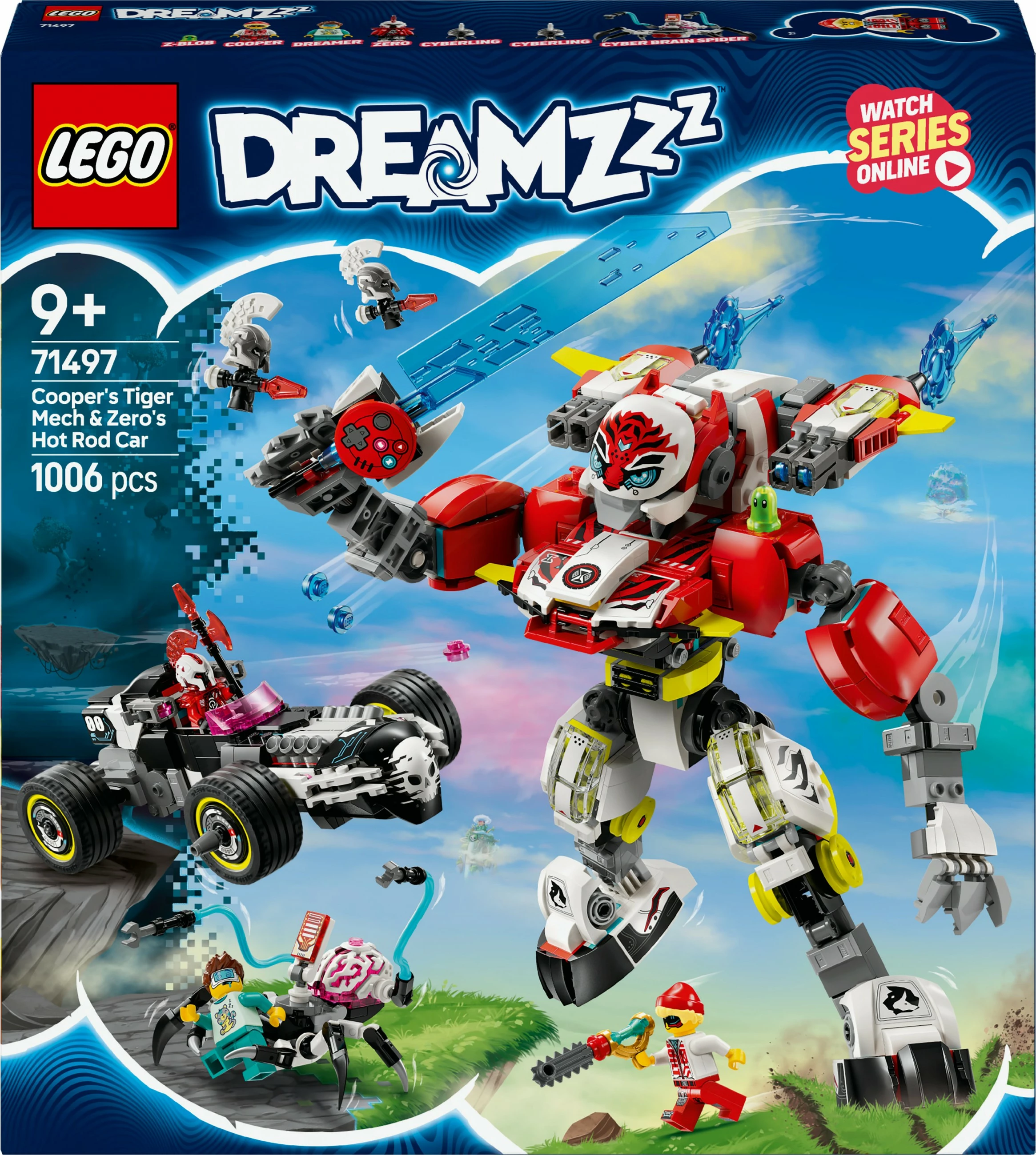 Set ndërtimi LEGO DREAMZzz 71497, Cooper Tiger-Mech & Zero Hot Rod, 1006 pjesë, multikolor