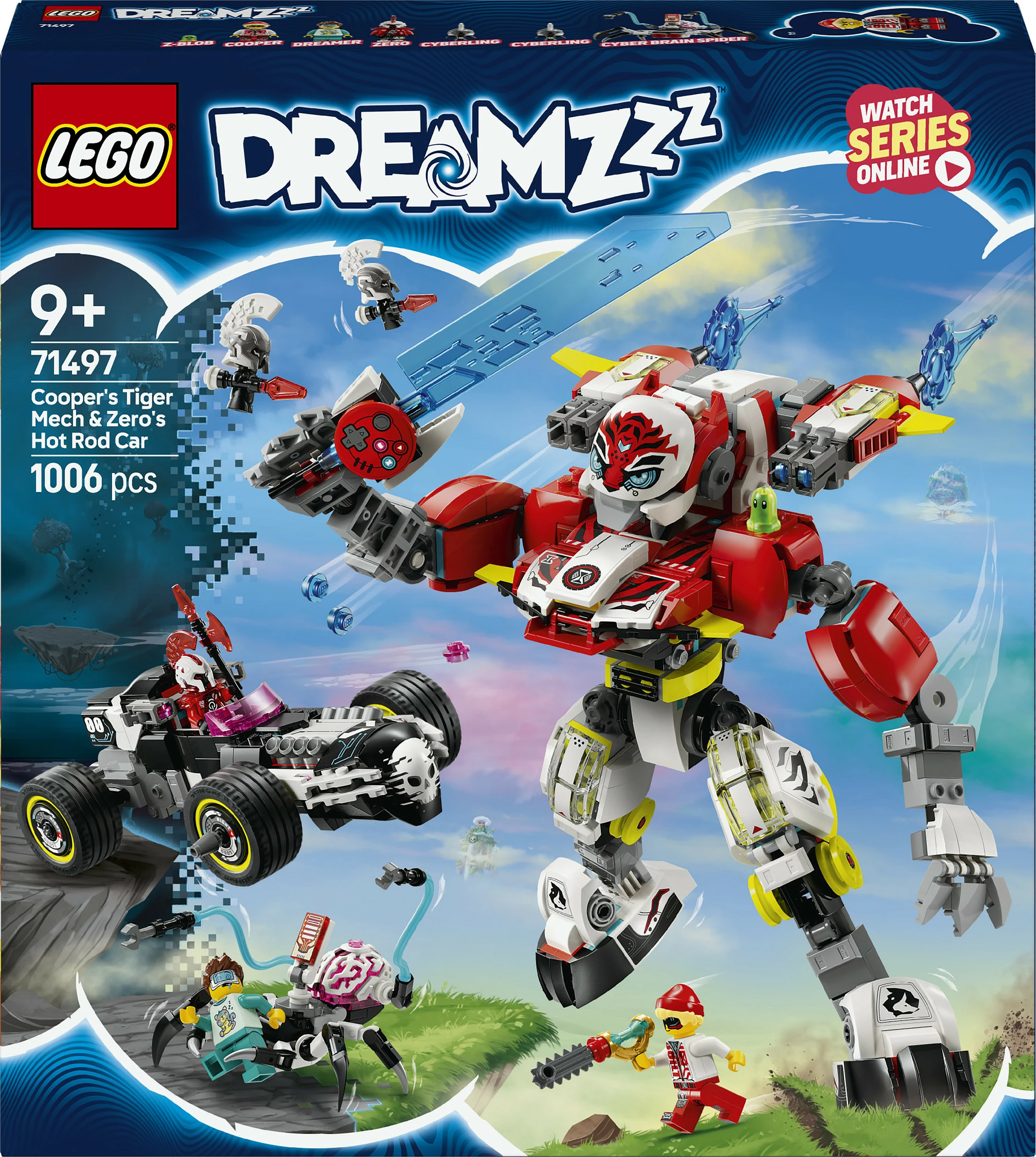 Set ndërtimi LEGO DREAMZzz 71497, Cooper Tiger-Mech & Zero Hot Rod, 1006 pjesë, multikolor