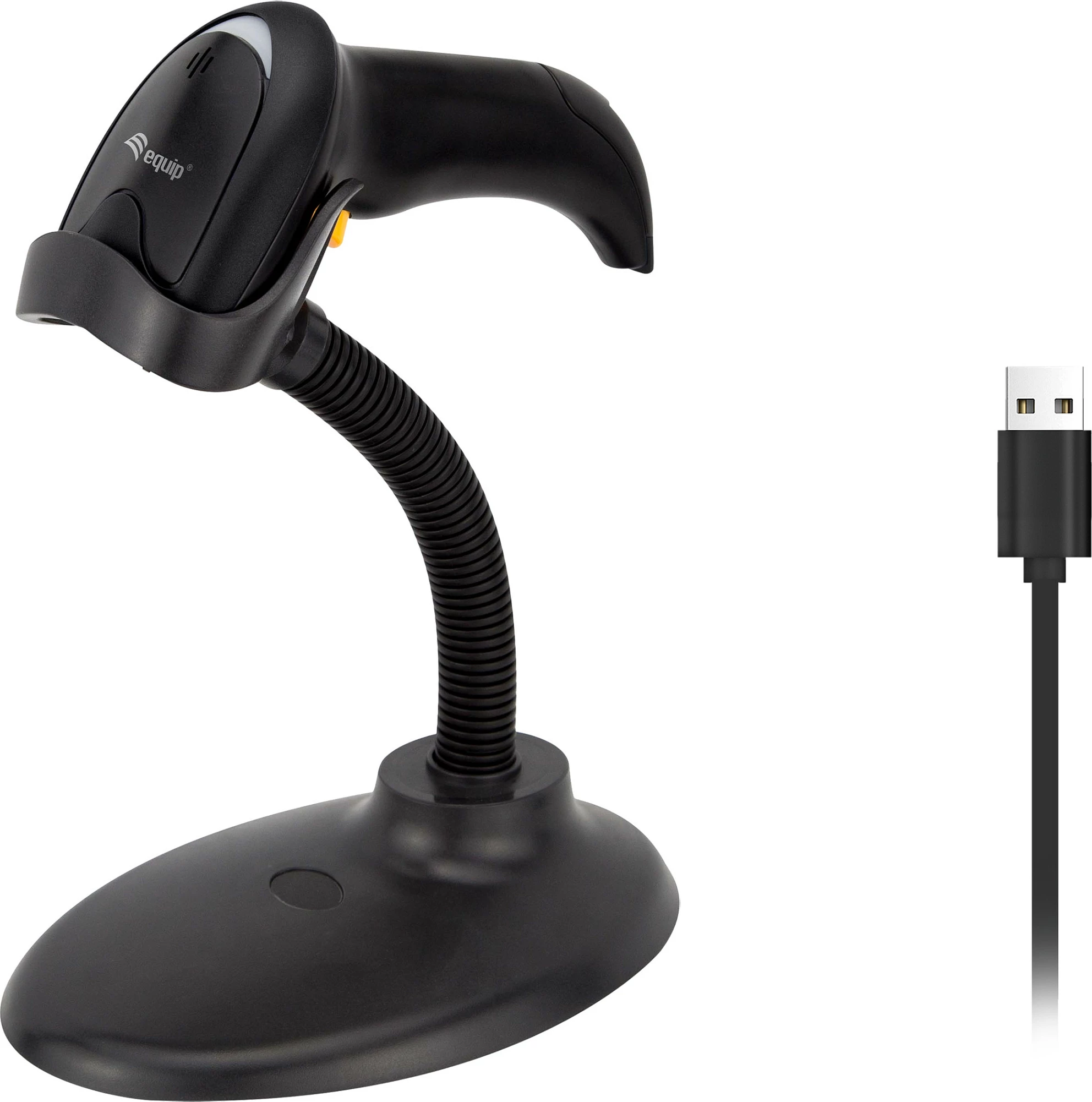 Skaner barkodi Equip 1D Laser, USB me mbajtëse, IP54, i zi