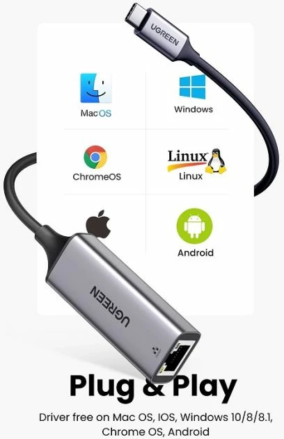 adapter rrjeti USB-C në RJ45 Gigabit UGREEN 50737 10/100/1000 Mbps, argjendtë