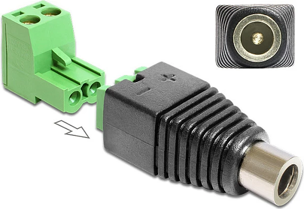 Adapter DC DeLOCK 65486, 2.5 x 5.5 mm në terminal bllok 2p, zi/gjelbër/argjendtë