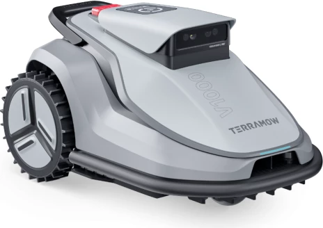 Robot kositës bari TERRAMOW V1000, 1200 m², AI TerraVision 2.0 (3 kamera), Wi‑Fi/4G, IPX6, gri, set me stacion karikimi