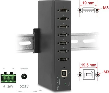 Hub USB DeLOCK 60687, USB 2.0 Type-B në 7x USB 2.0 Type-A, 480 Mbit/s, 1.8 m, metal, i zi