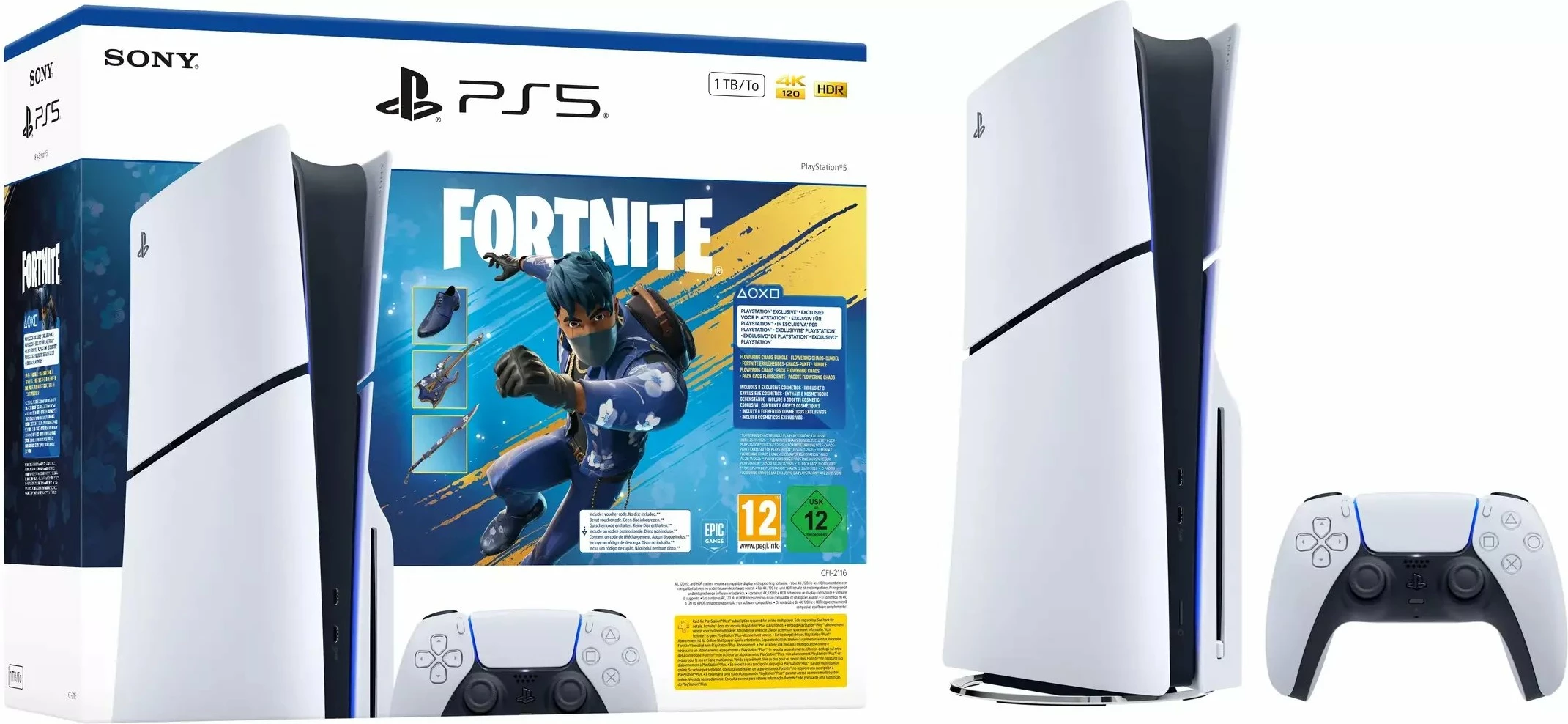 Konsolë Sony PlayStation 5 Slim Standard 1TB SSD Fortnite Flowering Chaos Bundle, e bardhë, set me 1 kontrollor
