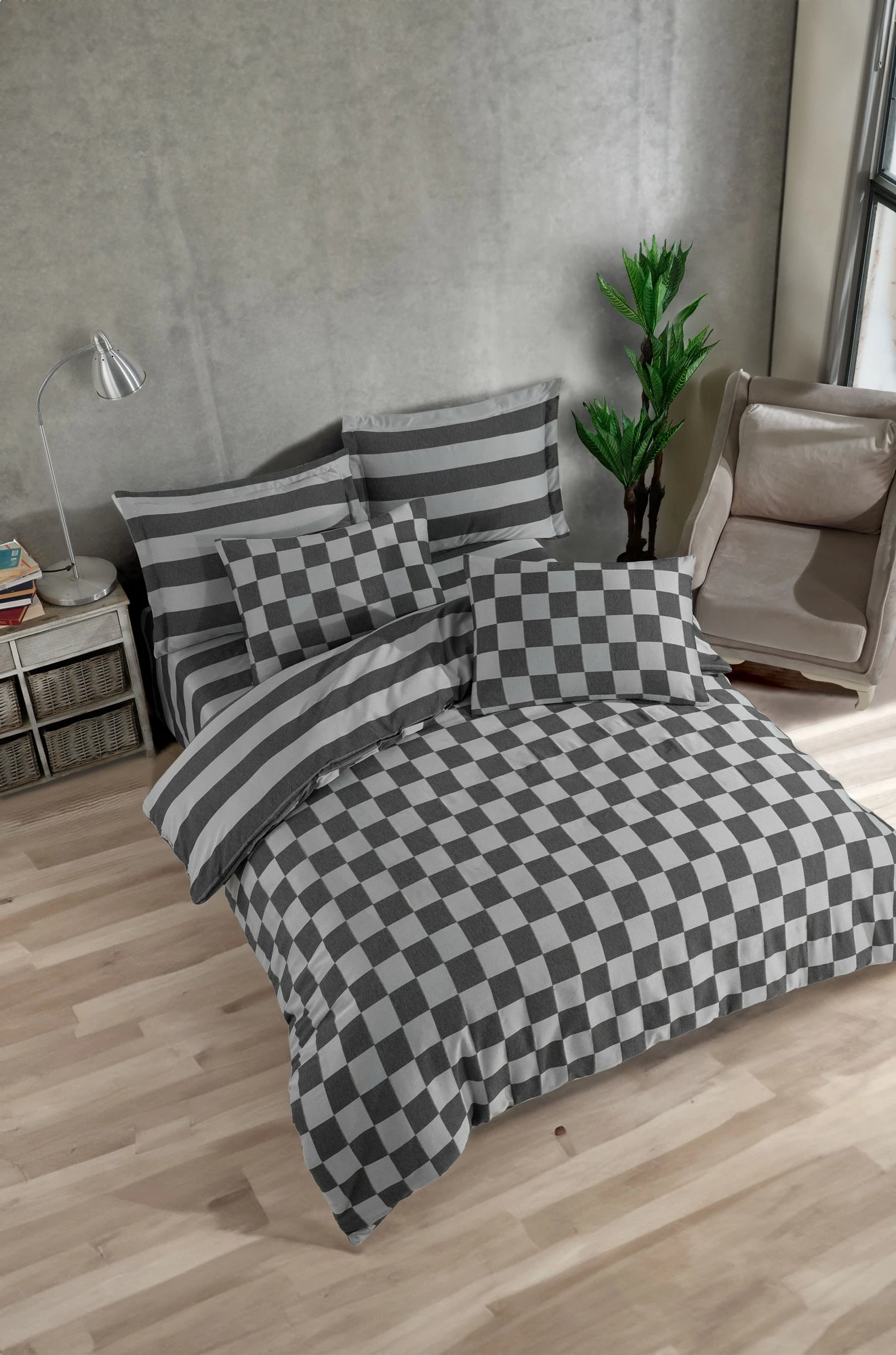 Set mbulesë për dyshek dopio, L'essentiel, saten me katrorë, ngjyrë e zezë