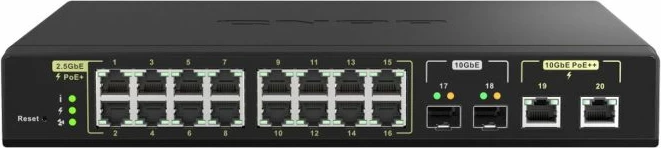 Switch QNAP QSW-M2116P-2T2S, 20 port, 16x2.5GbE PoE+ + 2x10GbE PoE++ + 2x10GbE SFP+, 280W, rackmount, zi