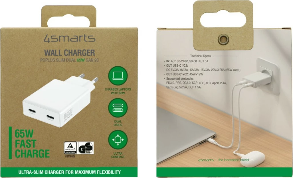 Karikues USB 4smarts 546065, 65W, 2x USB-C, GaN, i bardhë