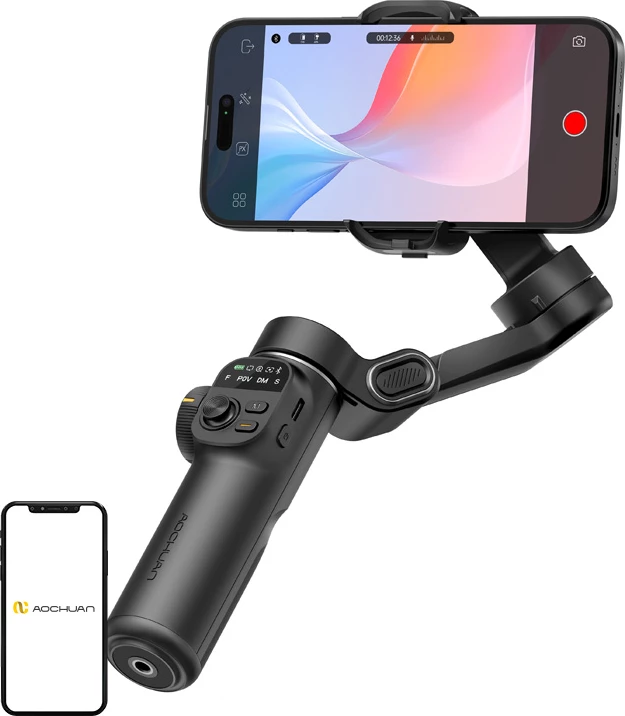 Gimbal për celular AOCHUAN Smart X2 Standard, stabilizim 3-aksësh, krah zgjatës 20 cm, set me tripod, i zi