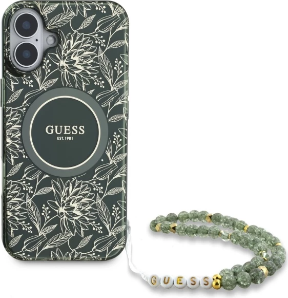 Mbështjellës Guess IML Flowers Allover Electro me pearl strap, për iPhone 16, MagSafe, Gjelbër