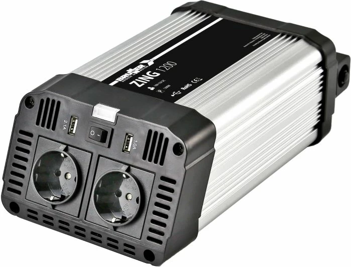 Inverter BRUNNER Zing 1200, 1200 W, 230 V AC, USB 5 V/3.1 A, modified sine wave, argjendtë/zezë