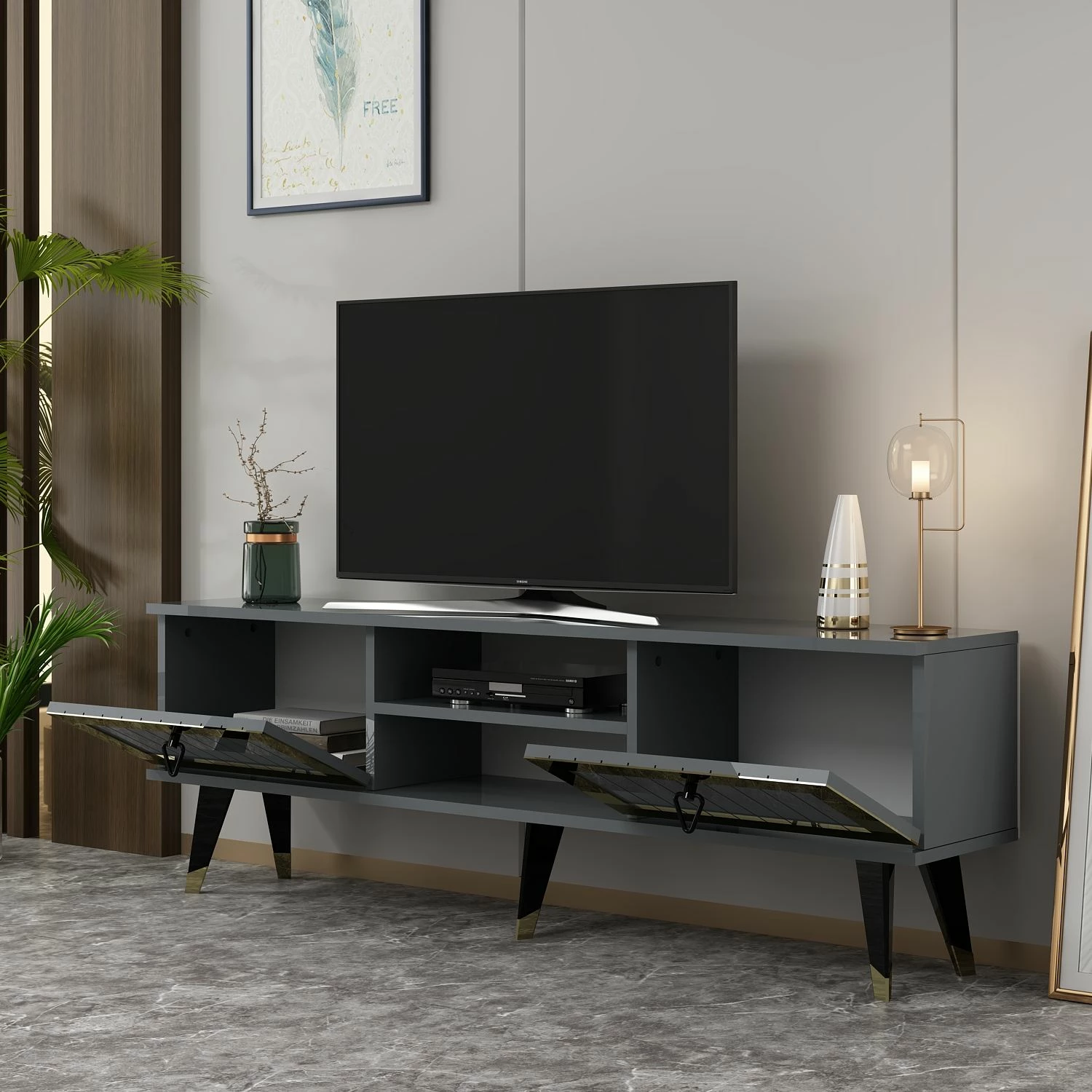Komodë për TV, Skye Decor, ngjyrë antracit dhe ari, Lidya