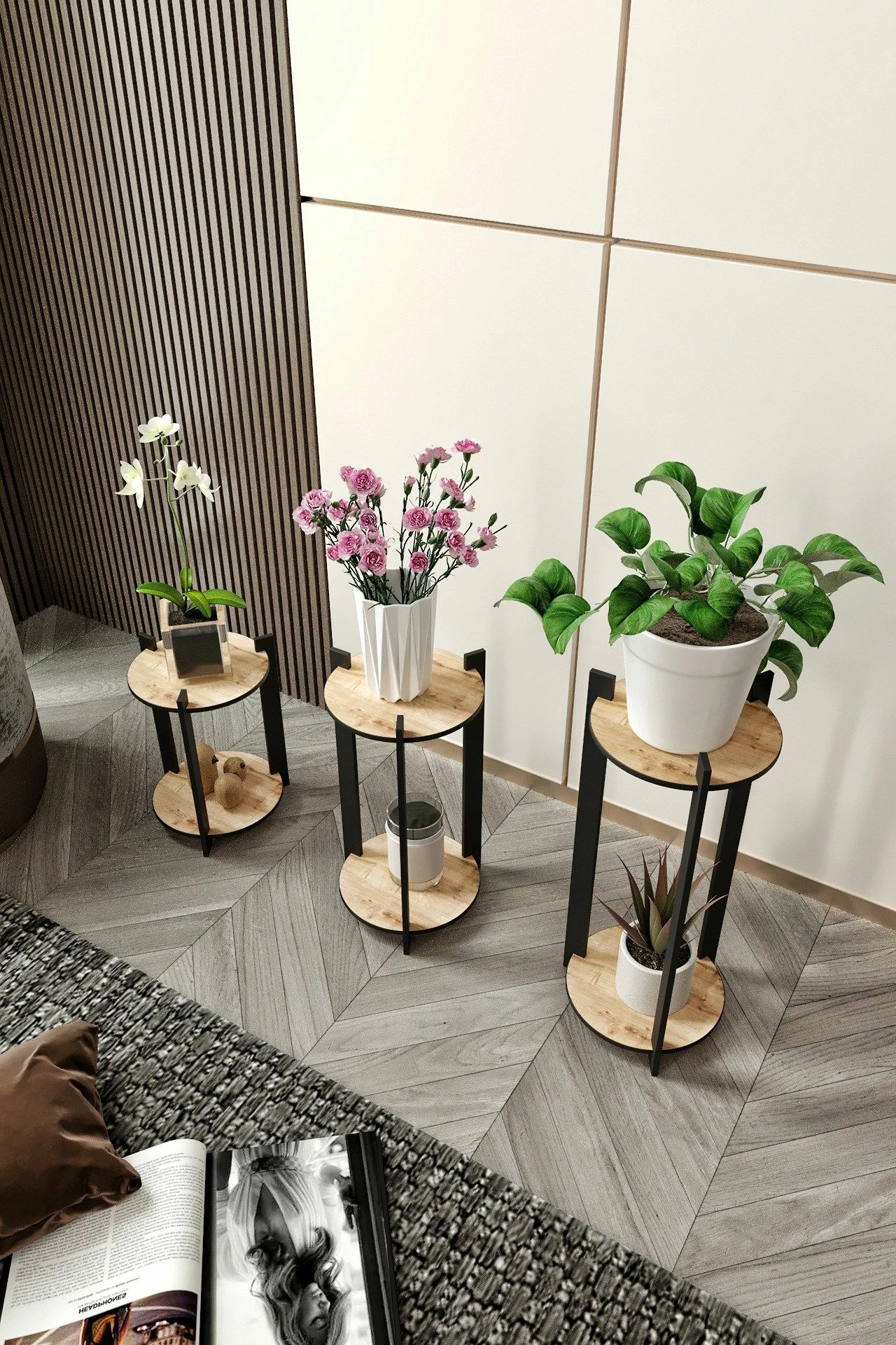 Set mbajtës lulesh prej druri, ngjyrë lisi, Hanah Home, i rrumbullakët