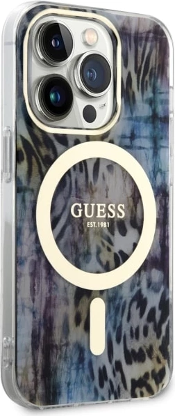 Mbështjellës Guess Leopard MagSafe për iPhone 14 Pro Max 6.7", Blu