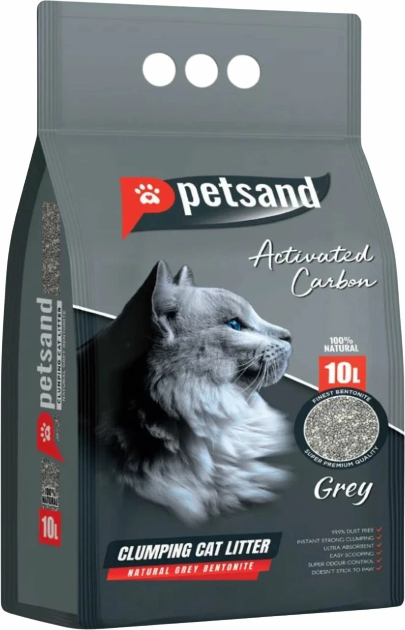 Rërë higjienike për mace Tramp Petsand Bentonite me karbon aktiv, 10 L, gri