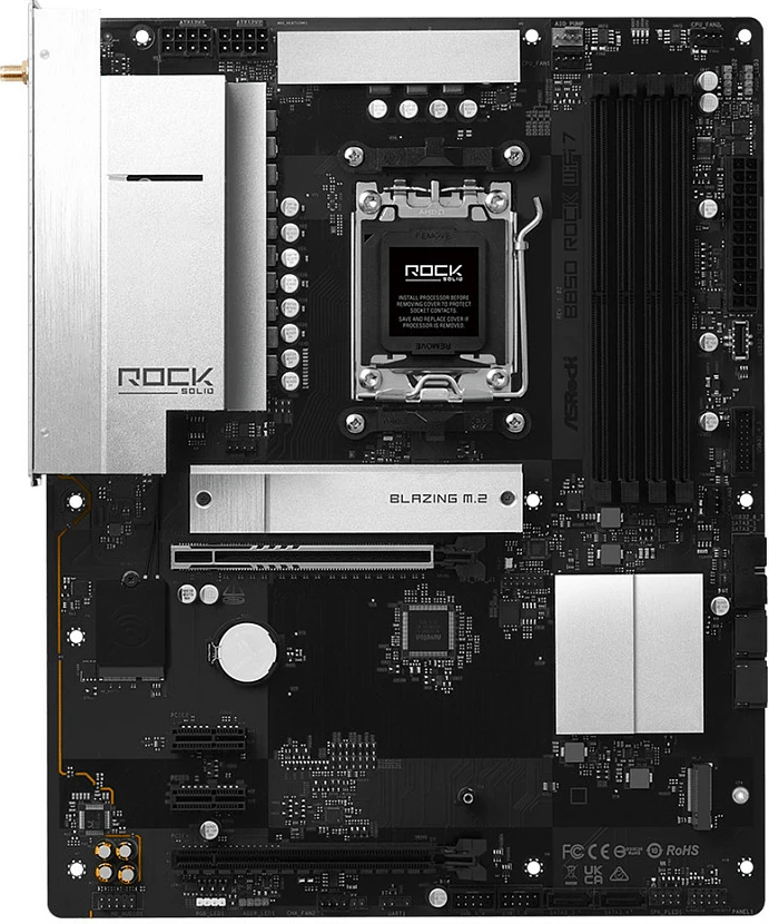 Pllakë amë ASRock B850 Rock WiFi 7, AM5, ATX, HDMI/USB-C, e zezë/argjendtë