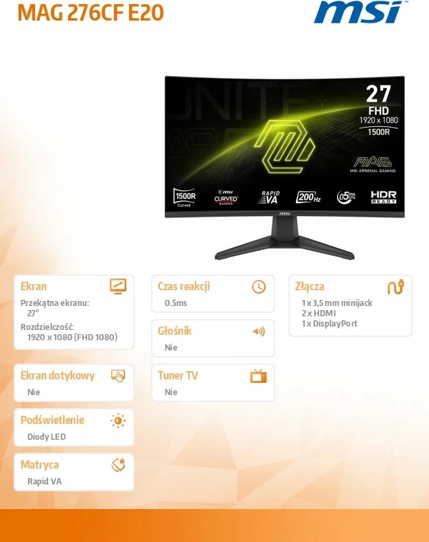 Monitor gaming MSI MAG 276CF E20 27\" FHD 200Hz Curved 1500R, i zi