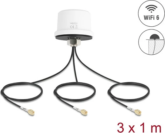 Antena DeLOCK ULA100, 4G MIMO & WiFi 6, 2x SMA + 1x RP-SMA, kabllo 1 m, IP67, e bardhë