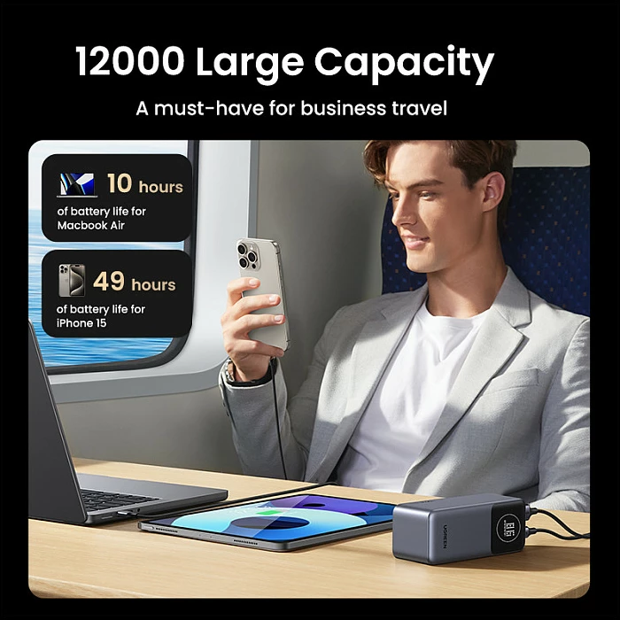 Powerbank Ugreen 12000mAh, 100W PD, USB-C + USB-A, gri