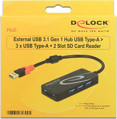 Hub USB DeLOCK 62899, USB 3.2 Gen 1, 3x USB-A, lexues kartelash SD/MicroSD/MMC, i zi