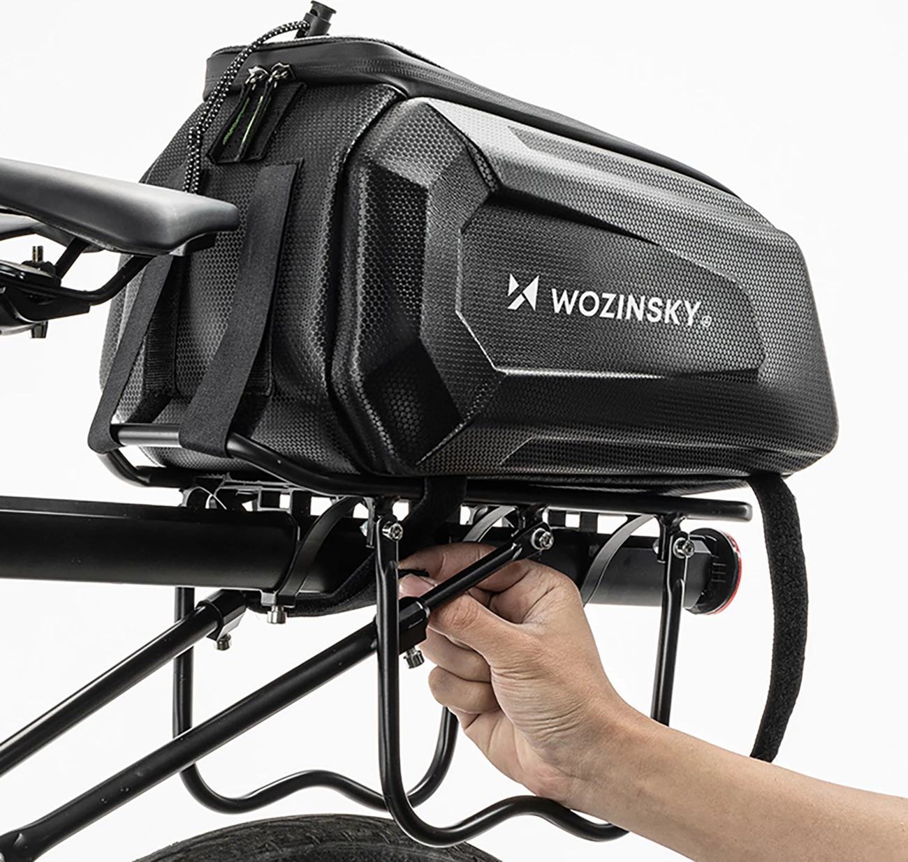 çantë bagazhi biçiklete, Wozinsky WSR-01B, 9 L, e papërshkueshme nga uji, montim me rripa Velcro, e zezë
