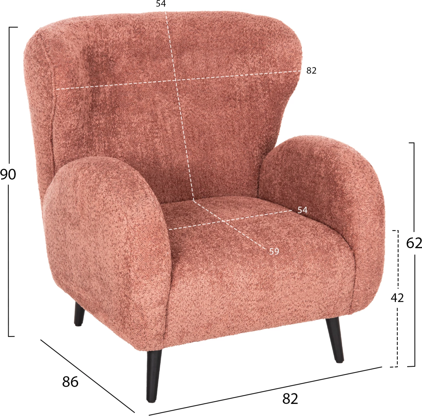 Fotelje KRYLY, pëlhurë boucle rozë, këmbë druri të zeza, 83x87x89H cm