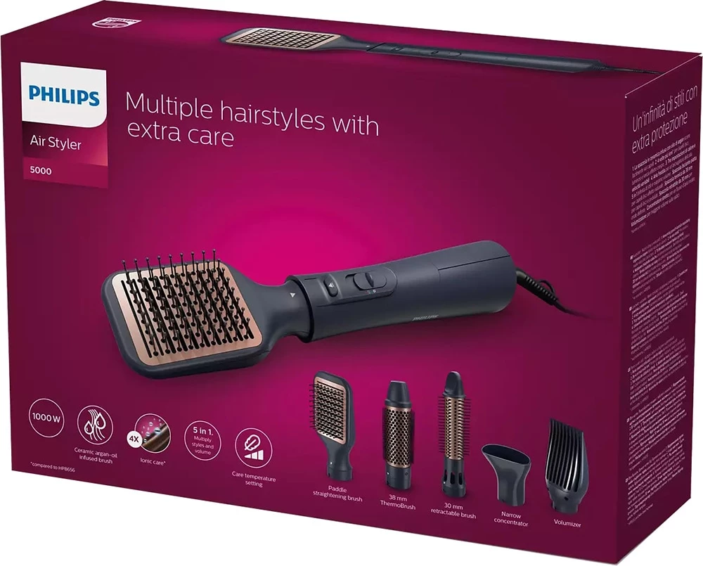 Stilues flokësh multifunksional Philips BHA530/00, 5 aksesorë, 3 nivele temperature, veshje qeramike, kabllo 2 m, i zi