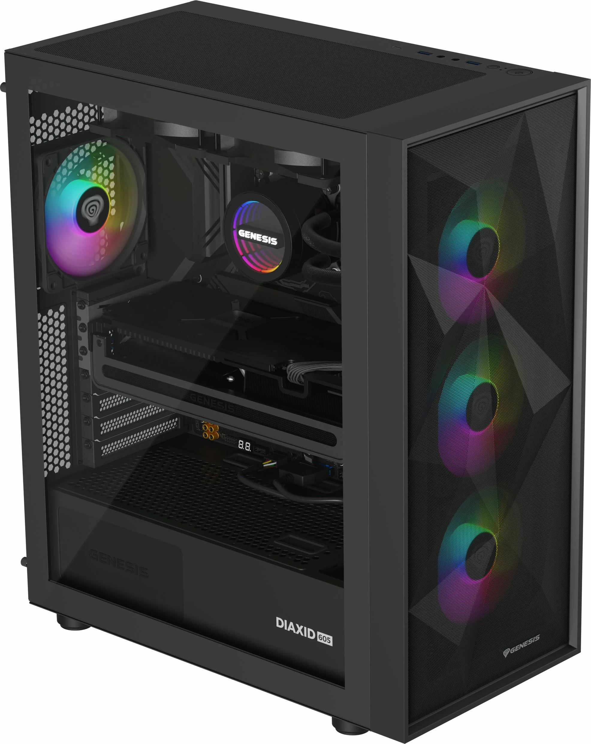 Kasë GENESIS Diaxid 605 ARGB NPC-2172 Midi Tower, ATX/mATX/Mini-ITX, USB-C, pa PSU, e zezë