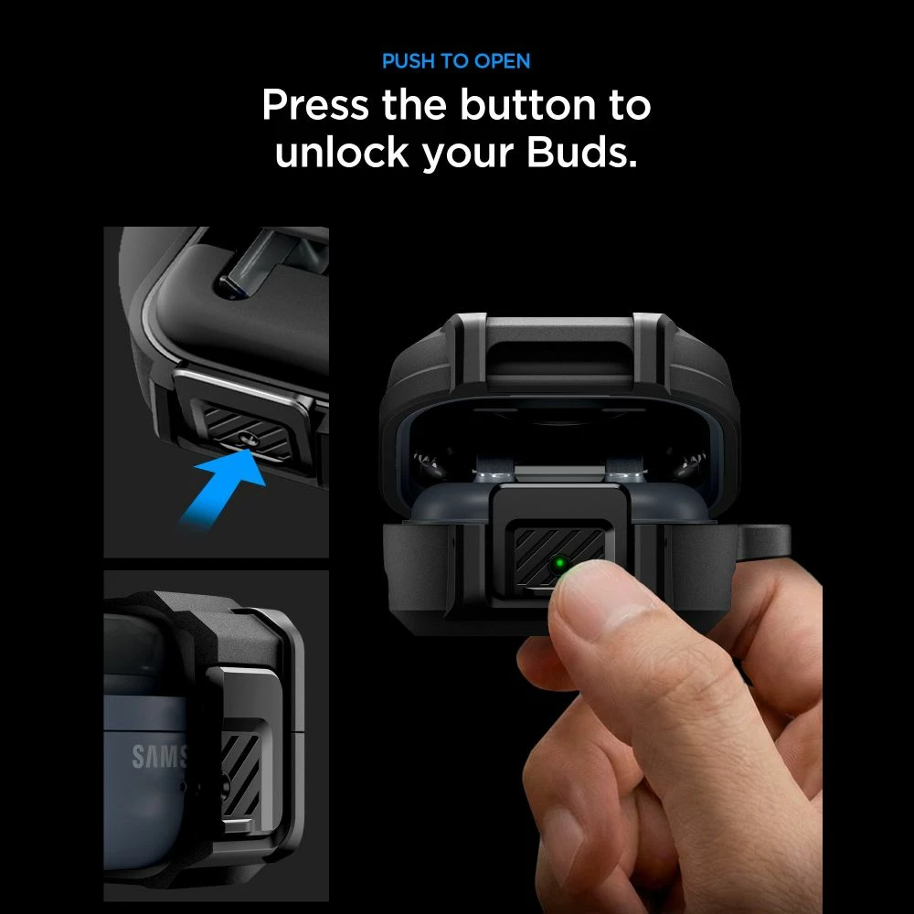Mbështjellës i blinduar me kyçje Spigen Lock Fit për Samsung Galaxy Buds 4 / Buds 4 Pro, set me karabiner, Matte Black