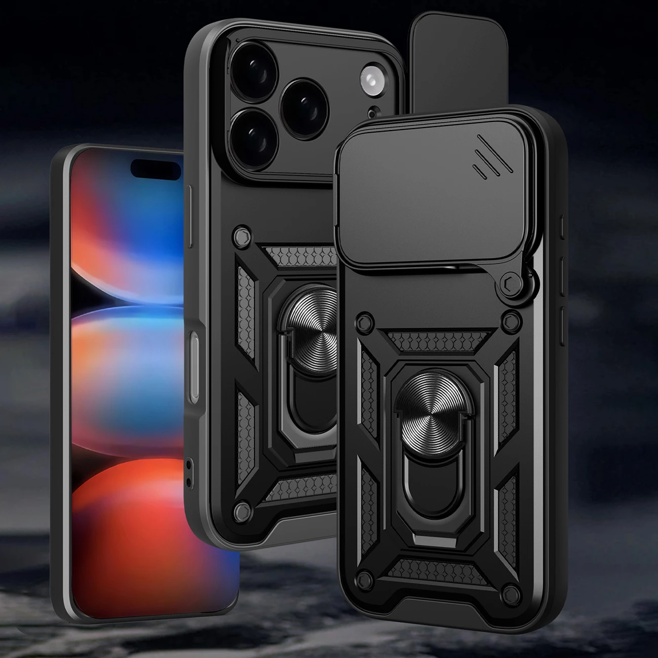 Mbështjellës Hurtel Hybrid Armor Camshield për iPhone 17 Pro, me qëndrim dhe kapak kamere, i zi