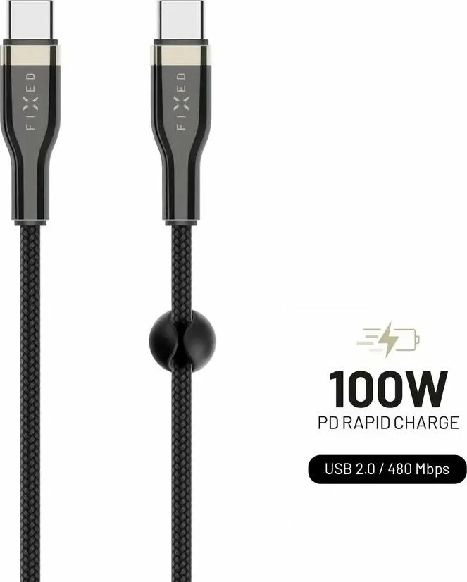 Kabllo USB-C Fixed FIXDB-CC12-BK 1.2m 100W e thurur, e zezë, me organizues ngjitës dhe shirit Velcro