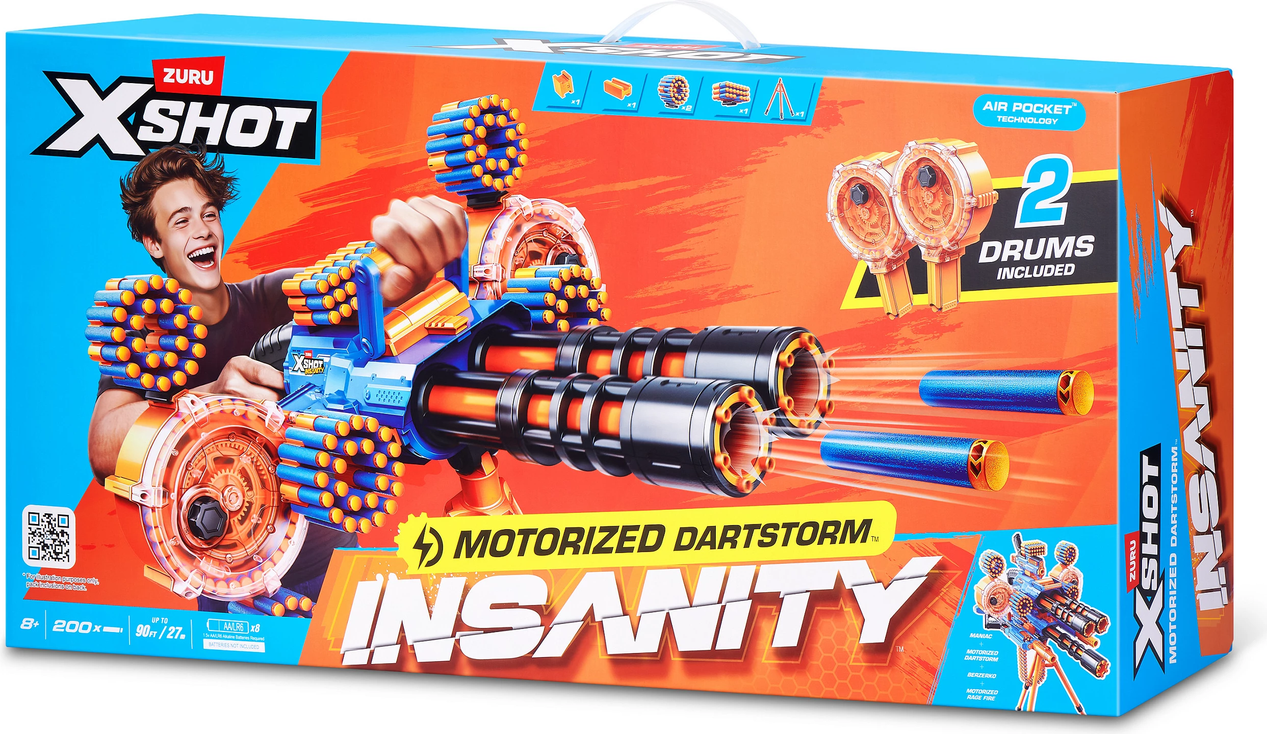 Blaster me dartsa ZURU XSHOT Insanity Series 1 Motorized Dartstorm, me tripod, 200 dartsa, portokalli/blu