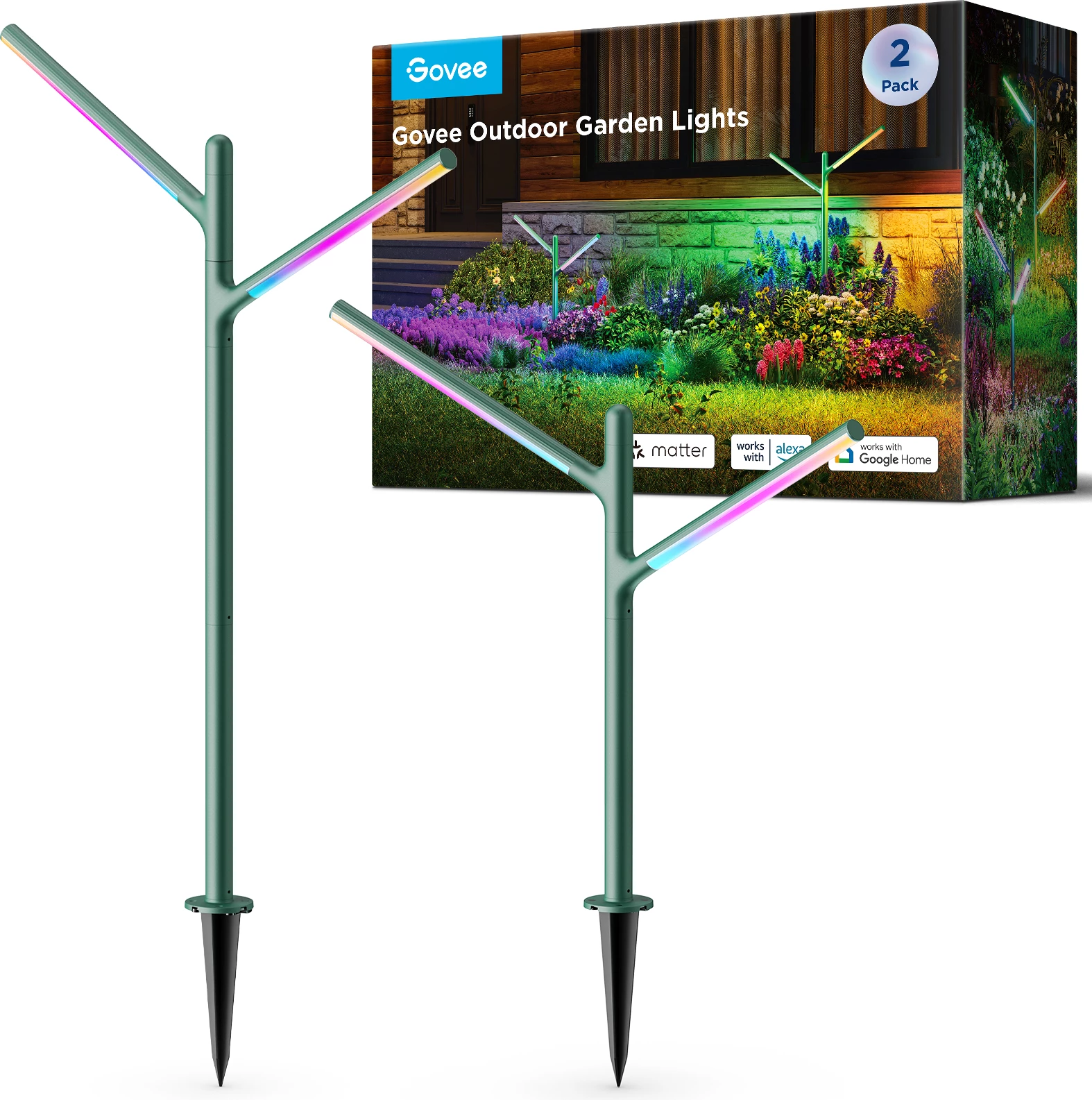 Drita kopshti outdoor Govee Outdoor Garden Lights RGBWWIC 1100 lm, Matter/Alexa/Google, set 2 copë
