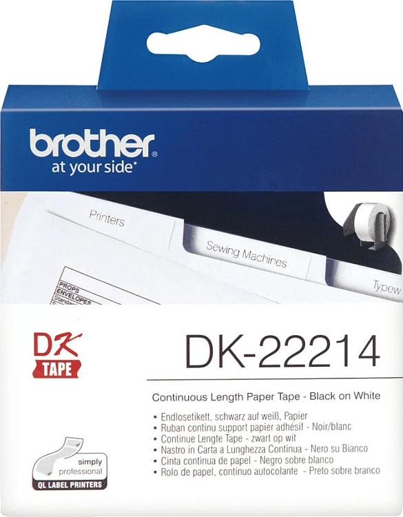 Shirit etiketash Brother DK-22214, 12 mm x 30.48 m, bardhë me shkrim të zi