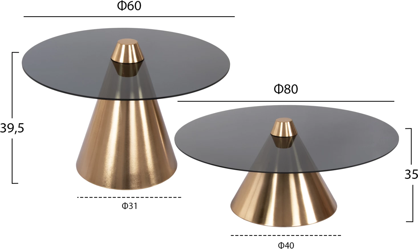 Tavolina kafeje 2 copë, REBEN FH9919, metal, ngjyrë ari-e zezë, sipërfaqe xhami, Φ80 & Φ60 cm