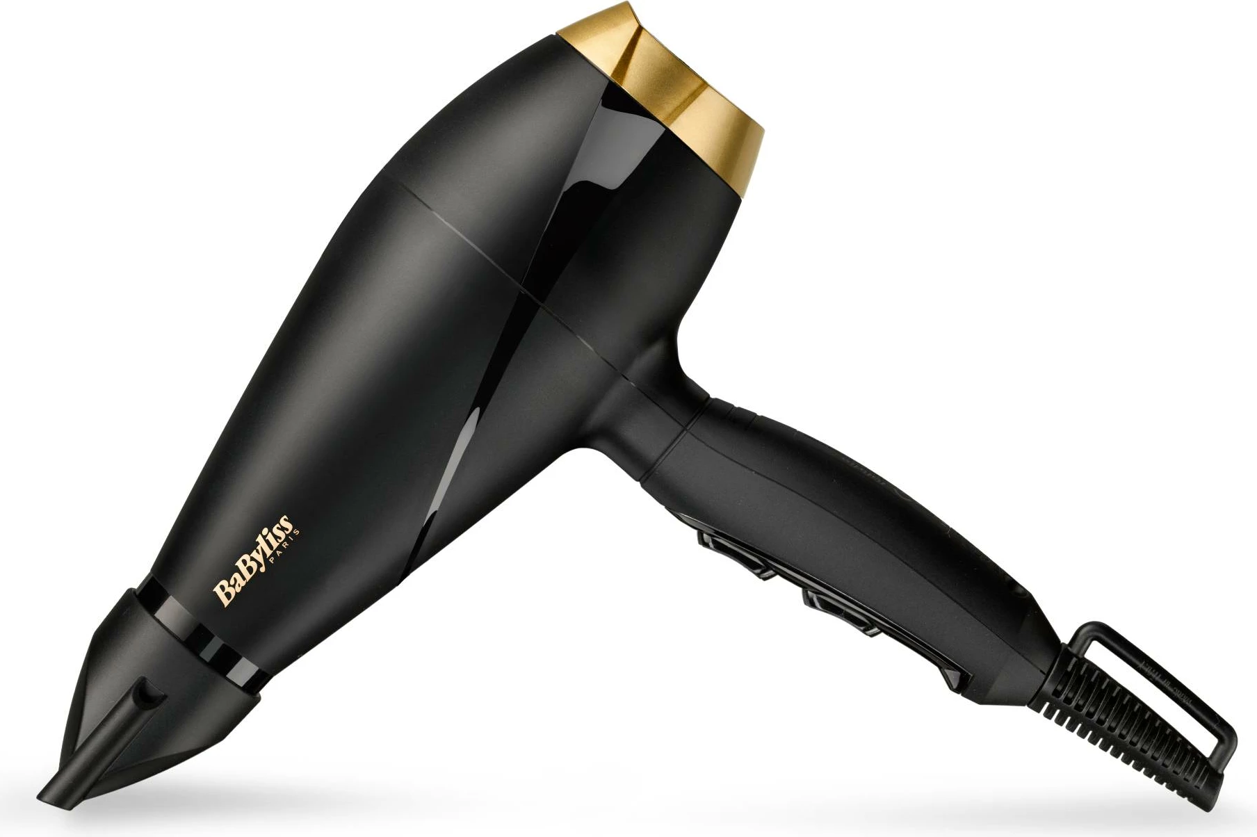 Tharëse flokësh, BaByliss 6704E, motor AC profesional, 2000 W, shpejtësi 100 km/h, 2 shpejtësi 3 temperatura, grykë 6 mm, kabllo 3 m, e zezë me të artë