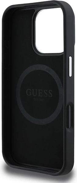 Mbështjellës Guess Grained Triangle MagSafe për iPhone 16 Pro, zi