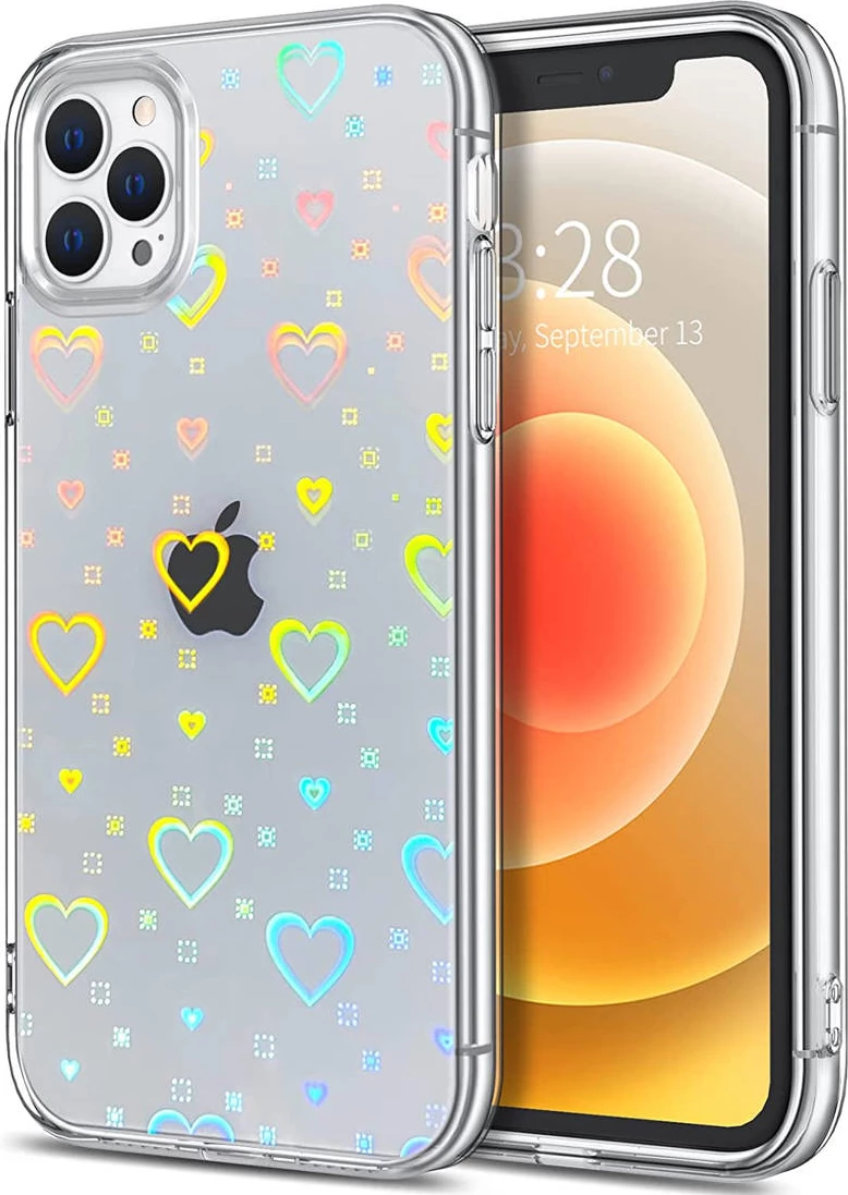 Mbështjellës ONASI iPhone 14 Pro Max, silikon 1.8mm, hologram me zemra, transparent