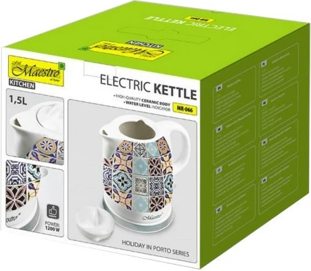 Çajnik elektrik keramik, Feel-Maestro MR-066-PORTO, 1.5L 1200W, bazë 360°, multingjyrësh e bardhë
