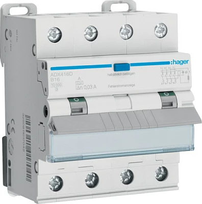 Automat diferencial Hager ADX416D, 4P, B16A, 30mA, Tip A, 10kA