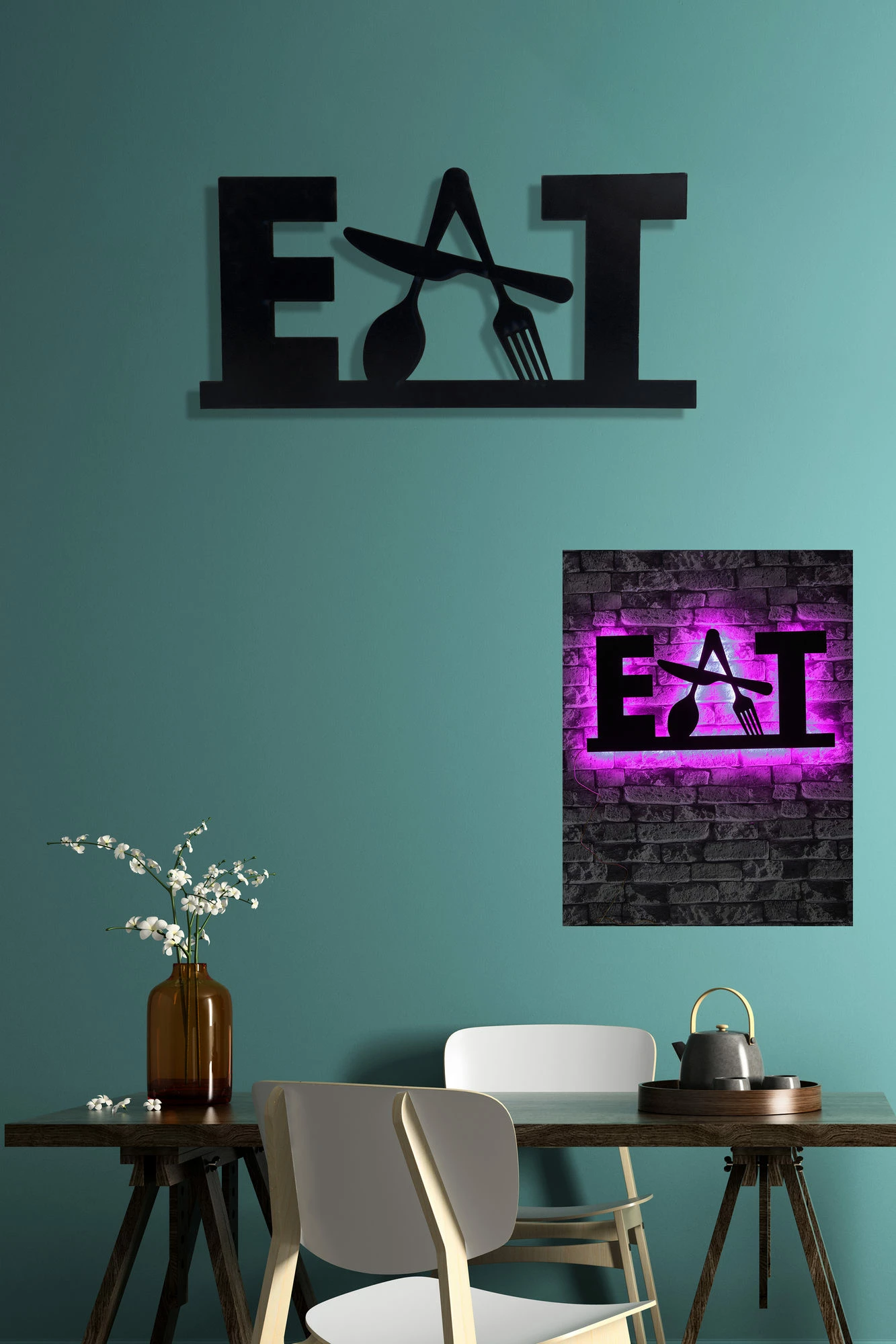 Dekor dritash LED për mur, 'Eat', ngjyrë rozë