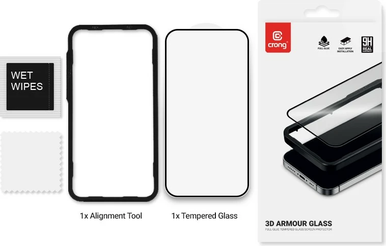 Mbrojtës ekrani gotë e temperuar 9H 3D Full Glue CRONG 3D Armour Glass për iPhone 16 / iPhone 15, 0.33mm, me kornizë instalimi