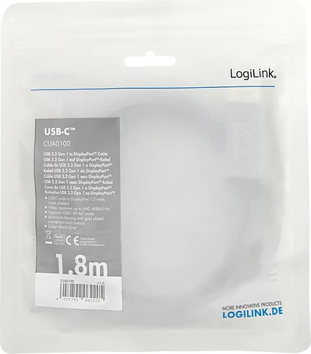 Kabllo LogiLink USB 3.2 Gen1 Type-C në DisplayPort, 4K/60Hz, 1.8m, zi/gri