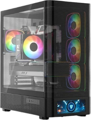 Kasë MODECOM Volcano AQ500 ARGB Midi Tower ATX me ekran LCD, 4x120mm ARGB, USB-C, e zezë