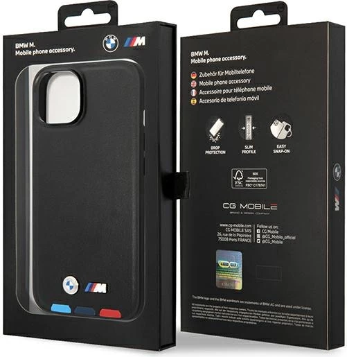 Mbështjellës BMW BMHMP14M22PTDK për iPhone 14 Plus 6.7", lëkurë, MagSafe, zi