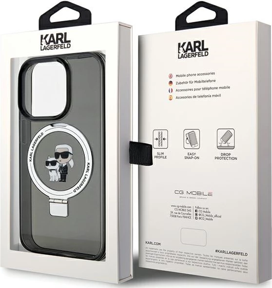 Mbështjellës Karl Lagerfeld KLHMP13LHMRSKCK për iPhone 13 Pro 6.1", me unazë Ring Stand, MagSafe, zi