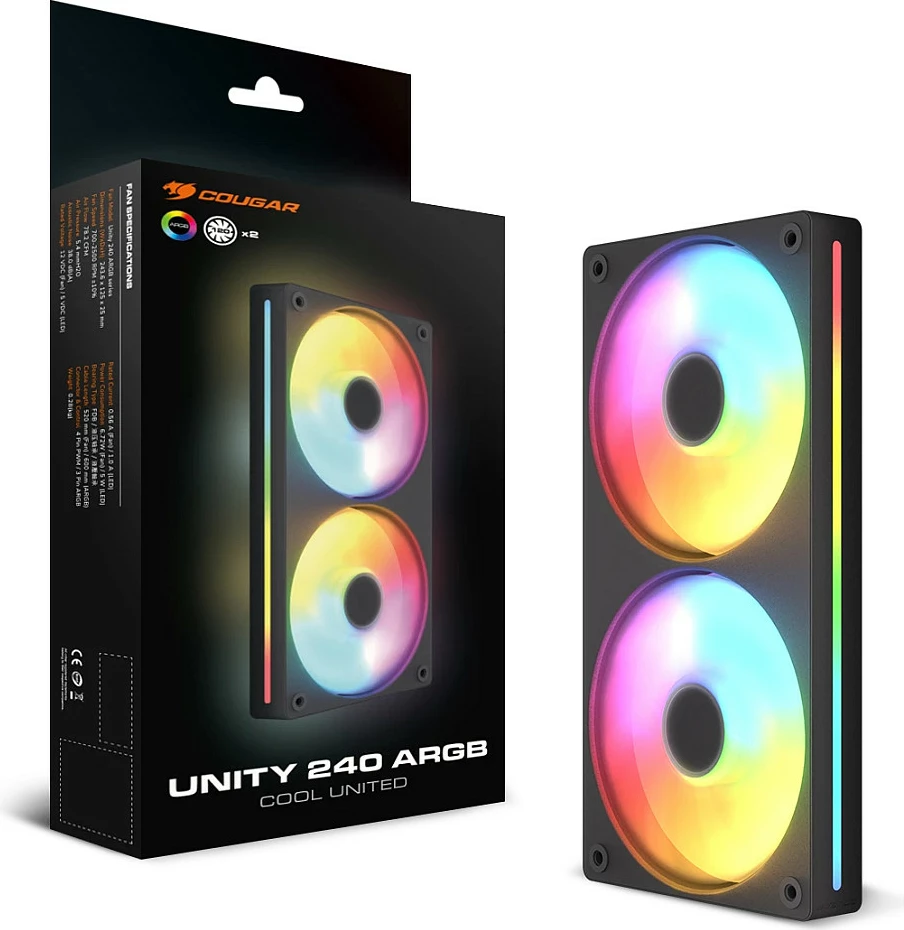 Fan për kasë Cougar Unity240-FB, 2x120mm ARGB PWM, 700-2500RPM, i zi