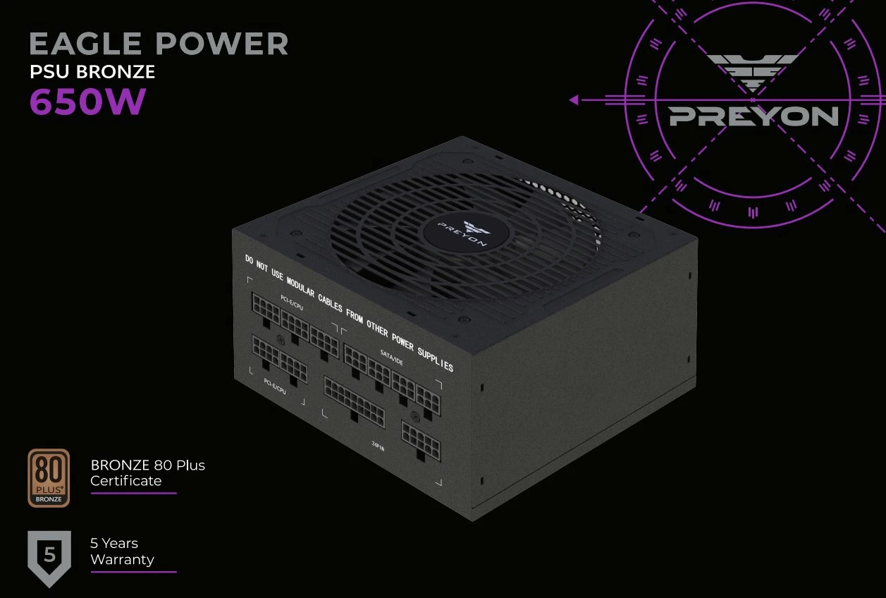 Furnizues rryme PREYON Eagle Power Bronze PEPB650W 650W 80 Plus Bronze, fully modular, ATX, i zi