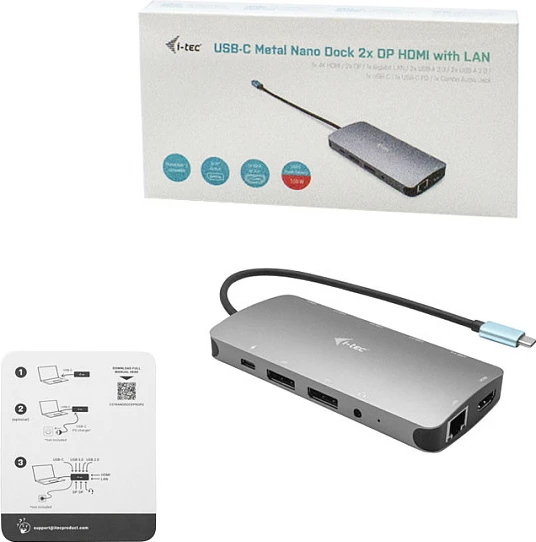 Stacion dokimi USB-C i-tec Metal Nano 3x Display, HDMI + 2x DisplayPort, LAN, PD 100W, i argjendtë