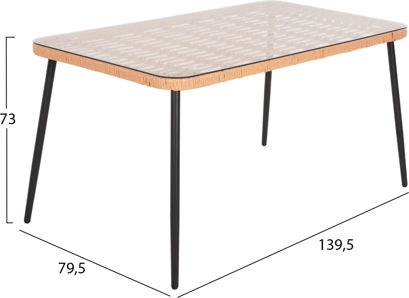 Tavolinë drejtkëndore për ngrënie, ALLEGRA, FH5537.11, metal i zi, ratan natyral, 139,5x79,5x73H cm