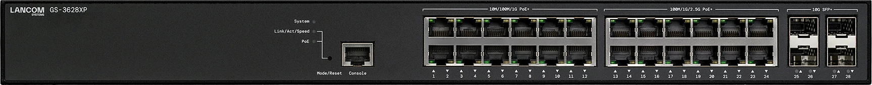 Switch LANCOM GS-3628XP, 28-port Managed L2/L3, 12x 2.5G RJ-45, PoE+ 370W, 4x SFP+, 1U Rack